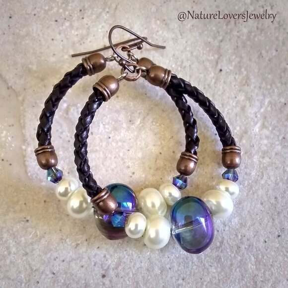 Boho Leather Hoop Earrings with Crystals & Pearls | Handmade Rustic Chic Jewelry - Picture 3 of 12